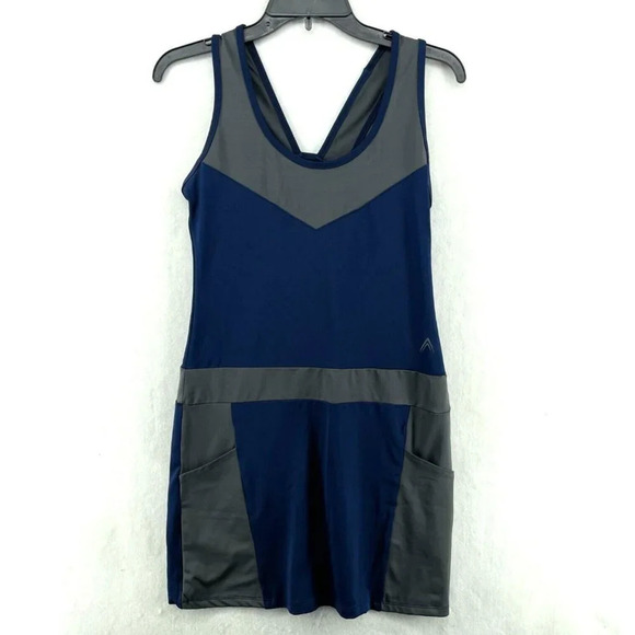 Aero Dynamic Athletic Dress Womens Sz L Blue Colorblock Scoop Neck Front Pockets - Picture 1 of 11
